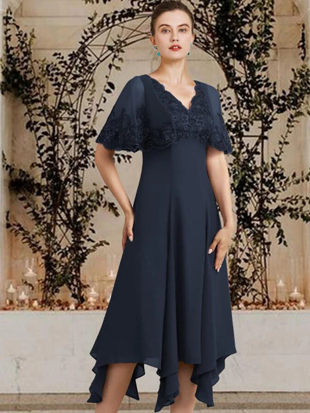 Luolandi A-Line Mother of the Bride Dress Plus Size Elegant High Low V Neck Asymmetrical Tea Length Chiffon Lace Sleeveless