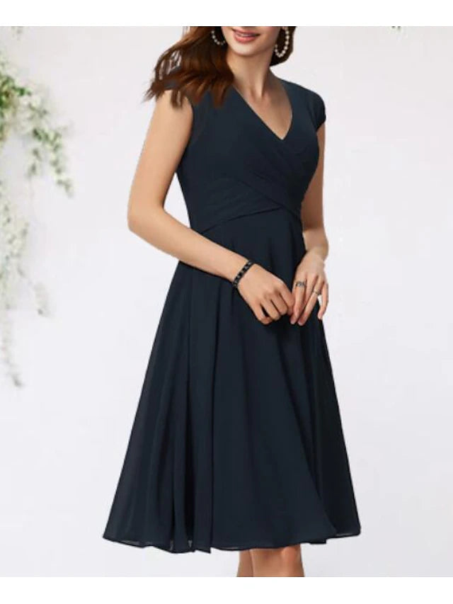 Luolandi A-Line Mother of the Bride Dress Elegant V Neck Knee Length Chiffon Cap Sleeve with Pleats Side-Draped