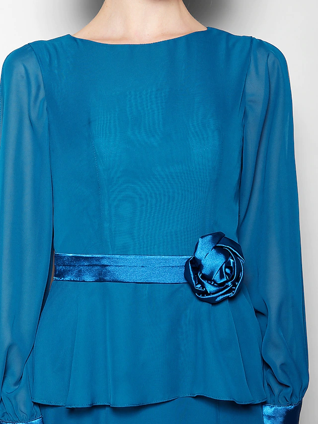 Luolandi Mother of the Bride Dress Vintage Inspired Jewel Neck Floor Length Chiffon Long Sleeve with Flower