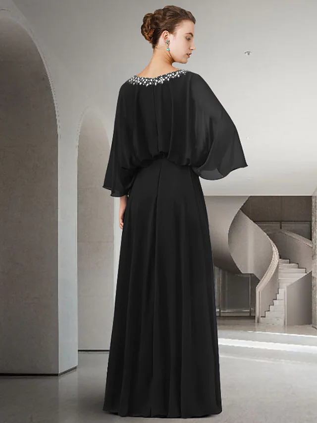 Luolandi Mother of the Bride Dress Elegant Jewel Neck Floor Length Chiffon Long Sleeve with Pleats Beading Split