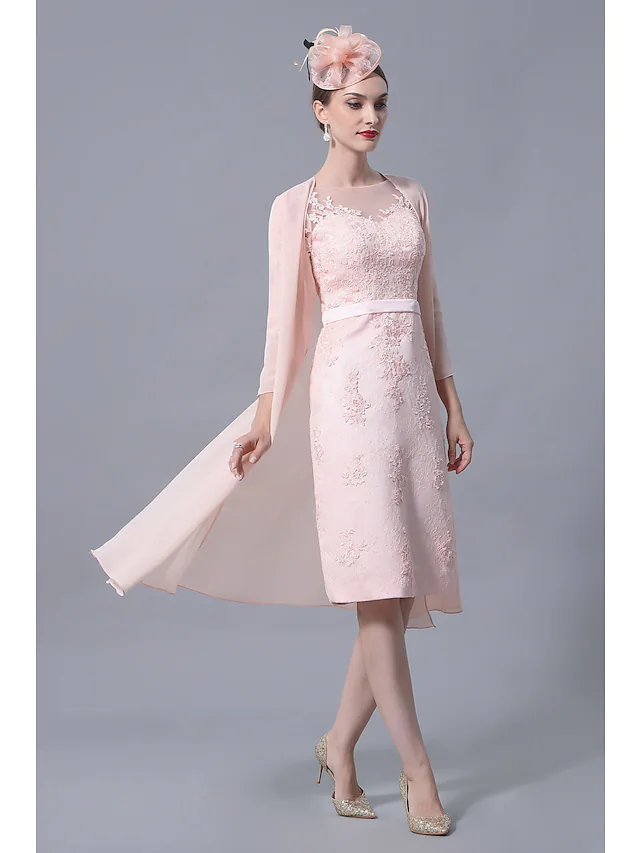 Luolandi Mother of the Bride Dress Plus Size Elegant Vintage Bateau Neck Knee Length Chiffon Lace 3/4 Length Sleeve