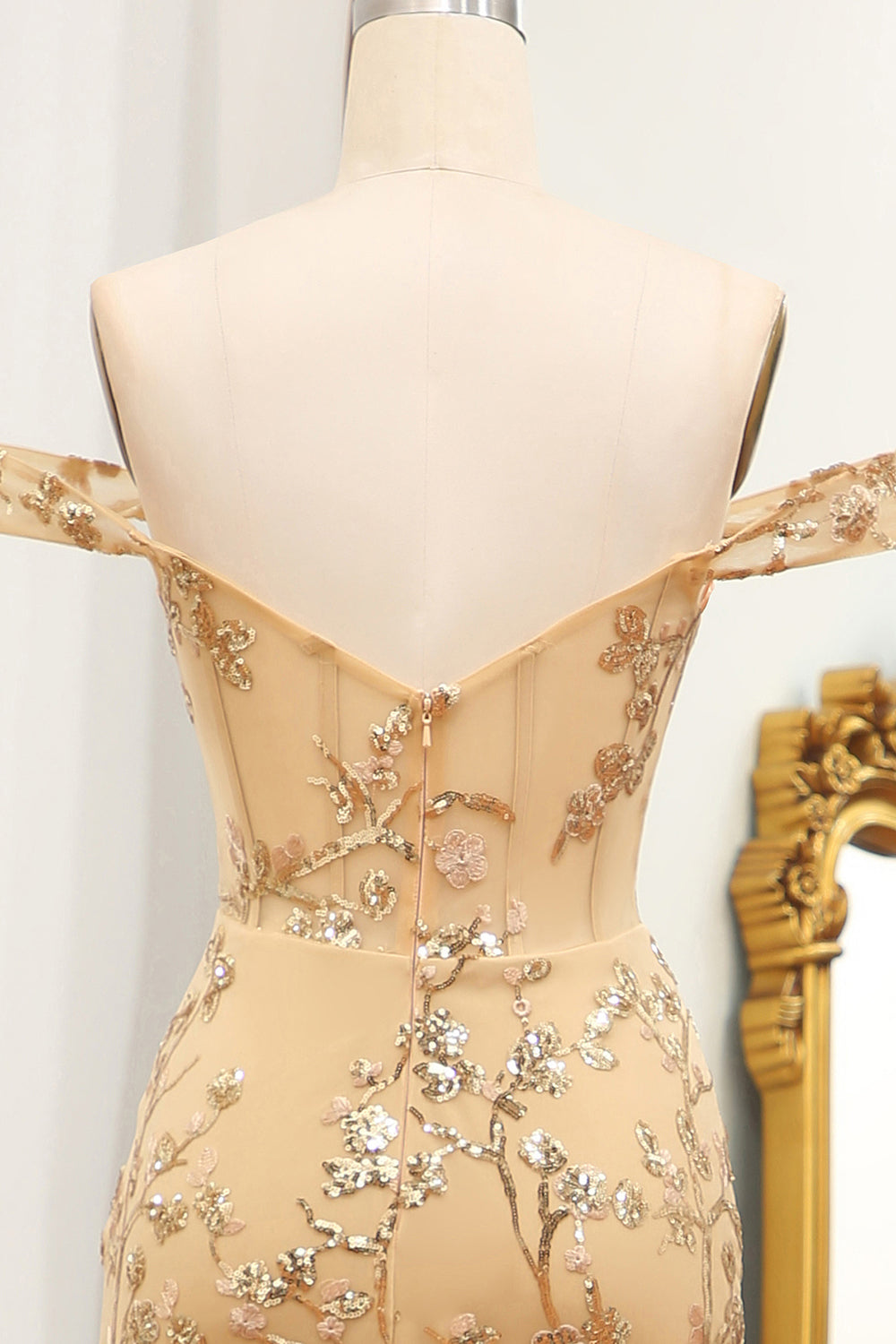 Luolandi Mermaid Off The Shoulder Golden Long Beaded Prom Dress With Slit Sexy Evening Dress