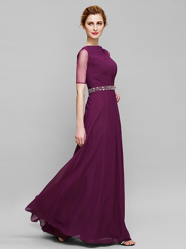 Luolandi Mother of the Bride Dress Elegant Bateau Neck Floor Length Chiffon Tulle Half Sleeve with Beading Grape