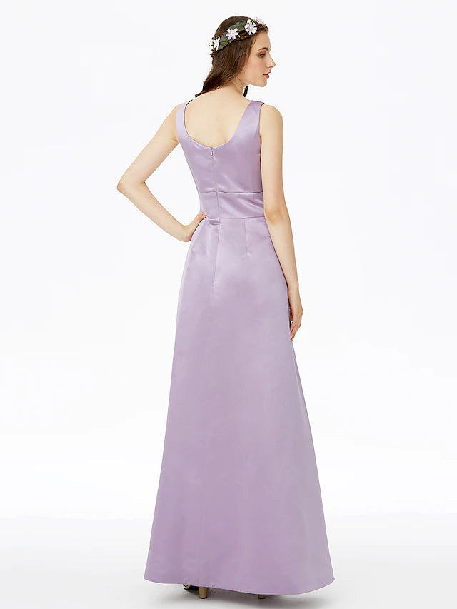 Luolandi A-Line Bridesmaid Dress Notched Sleeveless Elegant Floor Length Satin with Pleats