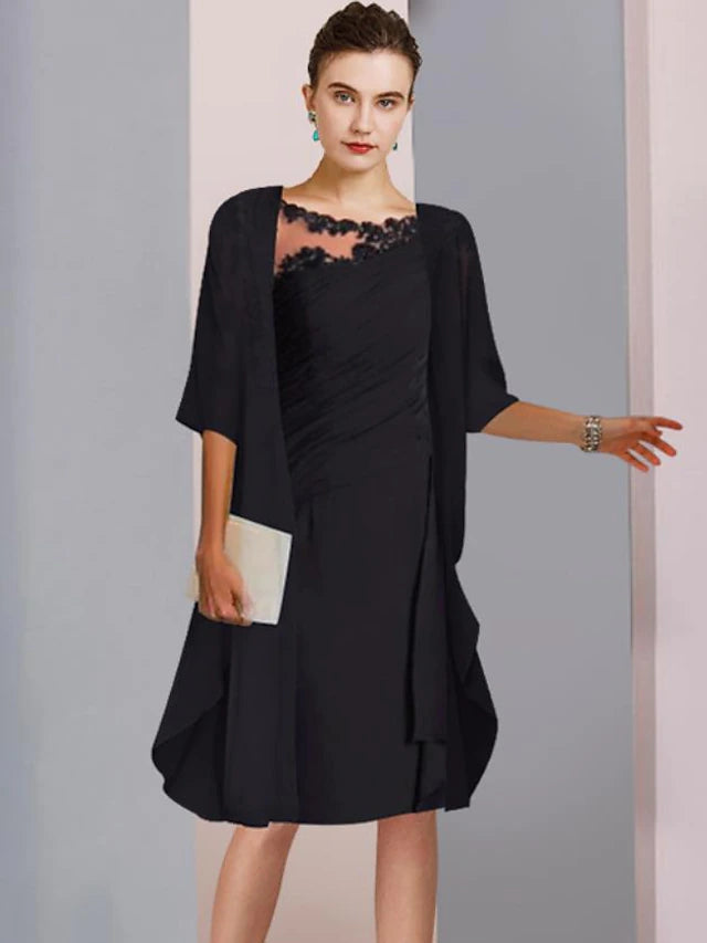 Luolandi Two Piece A-Line Mother of the Bride Dress Wedding Guest Elegant Scoop Neck Knee Length Chiffon Lace Half Sleeve Wrap Included Jacket Dresses with Appliques