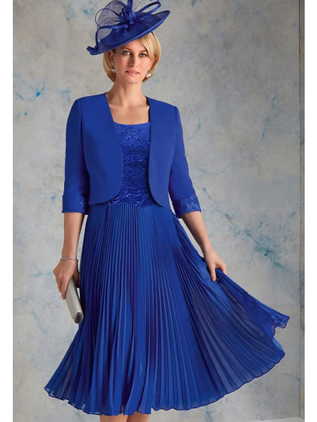 Luolandi Two Piece Mother of the Bride Dress Church Elegant & Luxurious Scoop Neck Tea Length Chiffon 3/4 Length Sleeve Short Jacket Dresses