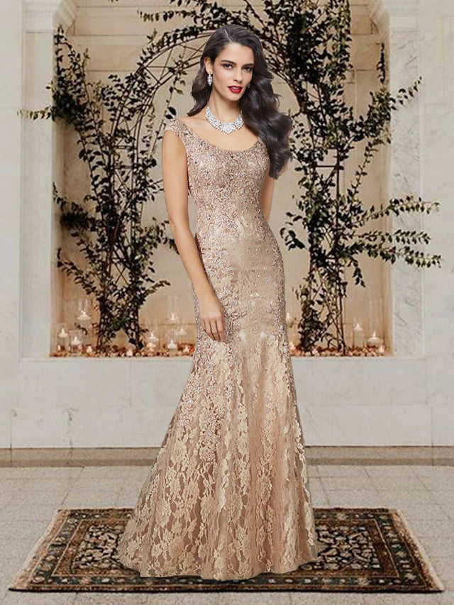 Luolandi Mermaid / Trumpet Mother of the Bride Dress Luxurious Elegant Scoop Neck Floor Length Lace Sleeveless with Beading