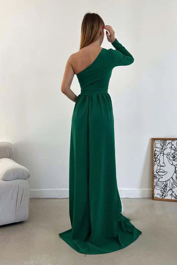 Luolandi A-line One Shoulder Waist Long Sleeve Split Ball Dress Backless Evening Dress Pure Color