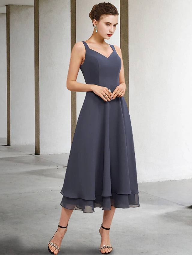 Luolandi A-Line Mother of the Bride Dress Elegant V Neck Tea Length Chiffon Lace Sleeveless Jacket Dresses with Tier