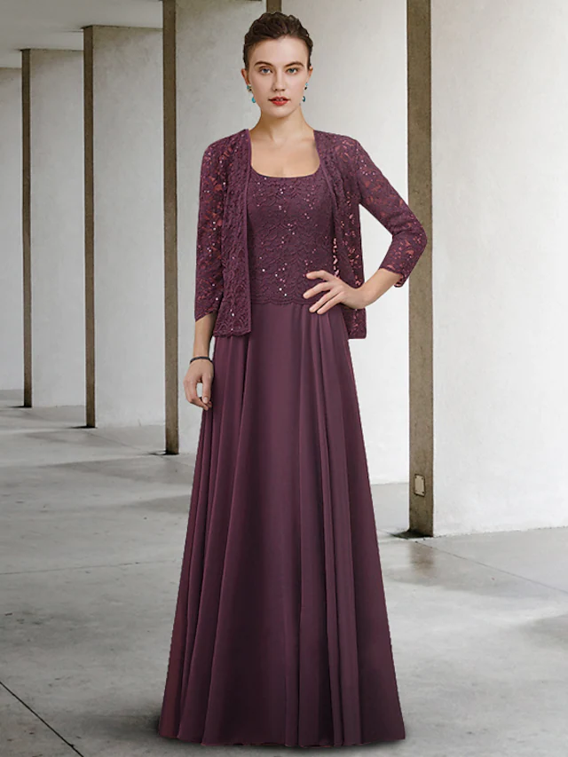 Luolandi Two Piece A-Line Mother of the Bride Dress Elegant Jewel Neck Floor Length Chiffon Lace Half Sleeve with Pleats Grape
