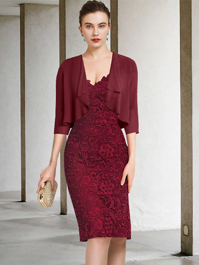 Luolandi Two Piece Sheath / Column Mother of the Bride Dress Formal Wedding Guest Party Elegant Off Shoulder Knee Length Chiffon Lace Short Sleeve