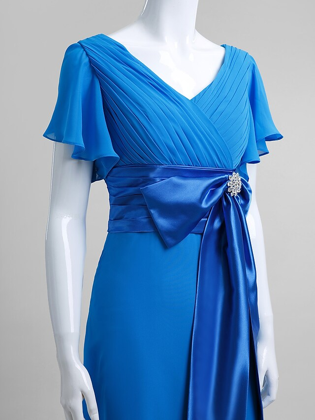 Luolandi Mother of the Bride Dress Elegant V Neck Floor Length Chiffon Short Sleeve with Crystals