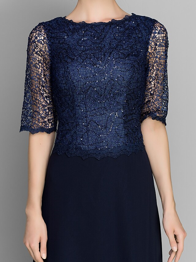 Luolandi Mother of the Bride Dress See Through Jewel Neck Ankle Length Chiffon Half Sleeve with Lace