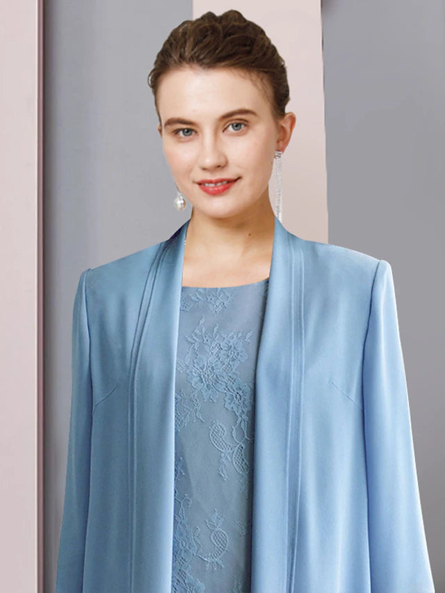 Luolandi Two Piece Sheath / Column Mother of the Bride Dress Formal Wedding Guest Party Elegant Scoop Neck Tea Length Chiffon Lace 3/4 Length Sleeve