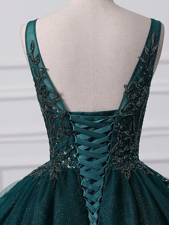 Luolandi Ball Gown Prom Dresses Sparkle &amp; Shine Dress Quinceanera Floor Length Sleeveless V Neck Tulle with Appliques
