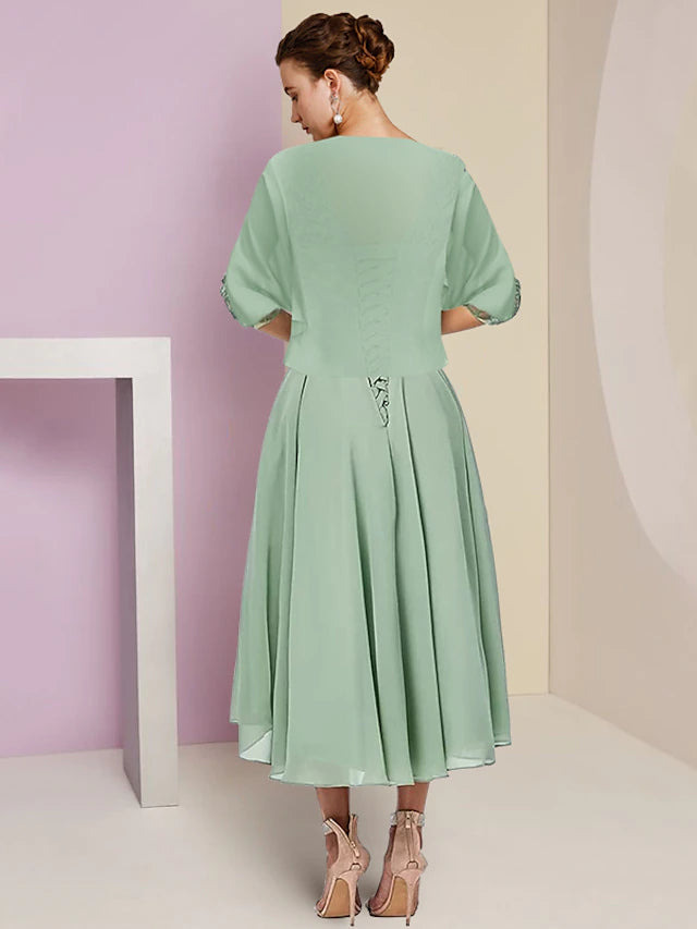 Luolandi Two Piece A-Line Mother of the Bride Dress Formal Wedding Guest Elegant High Low Scoop Neck Asymmetrical Tea Length Chiffon Lace Half Sleeve Wrap Included with Beading