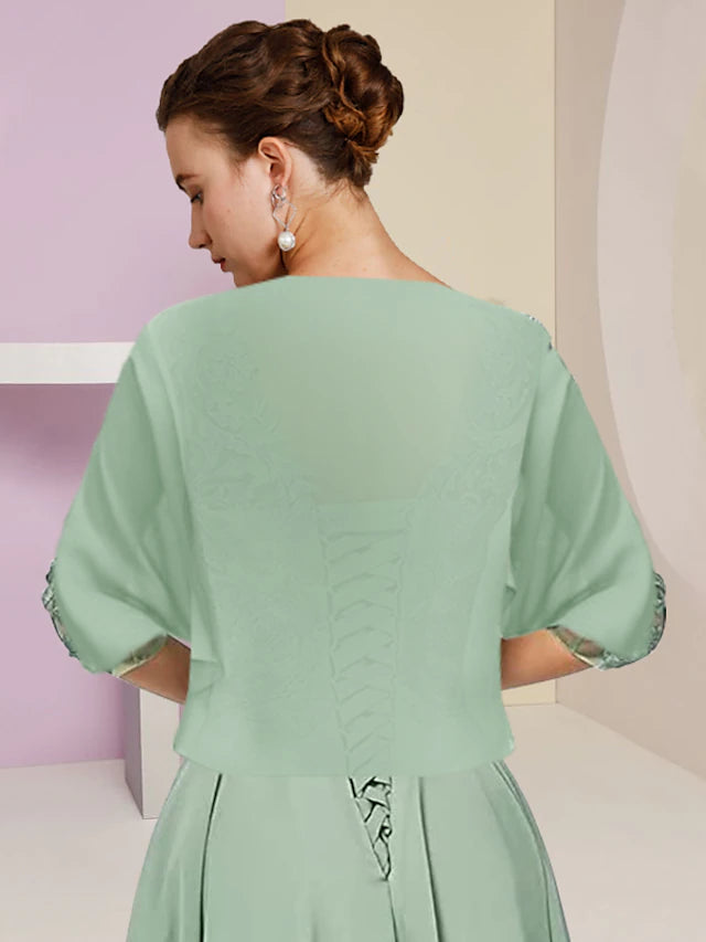 Luolandi Two Piece A-Line Mother of the Bride Dress Formal Wedding Guest Elegant High Low Scoop Neck Asymmetrical Tea Length Chiffon Lace Half Sleeve Wrap Included with Beading