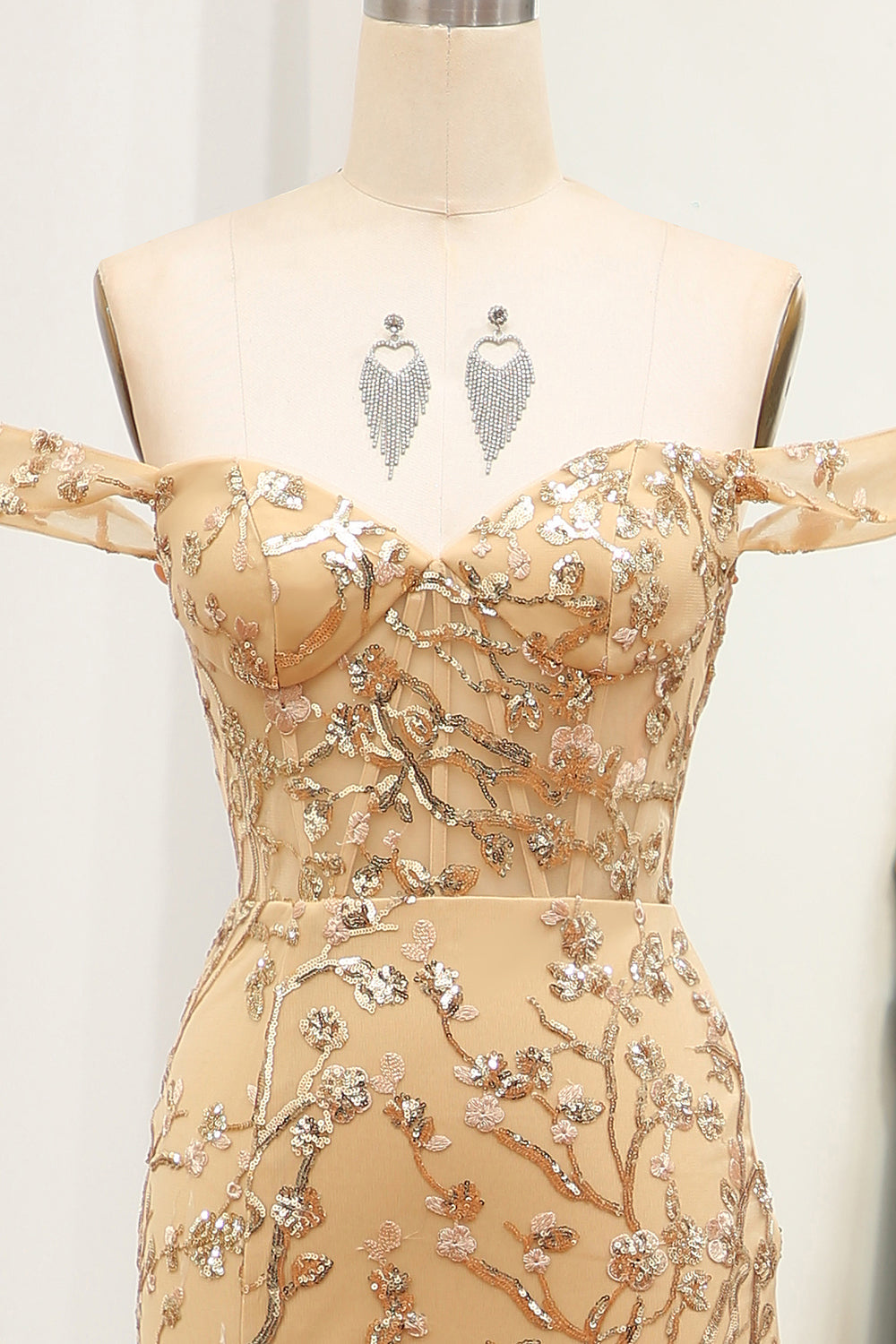 Luolandi Mermaid Off The Shoulder Golden Long Beaded Prom Dress With Slit Sexy Evening Dress