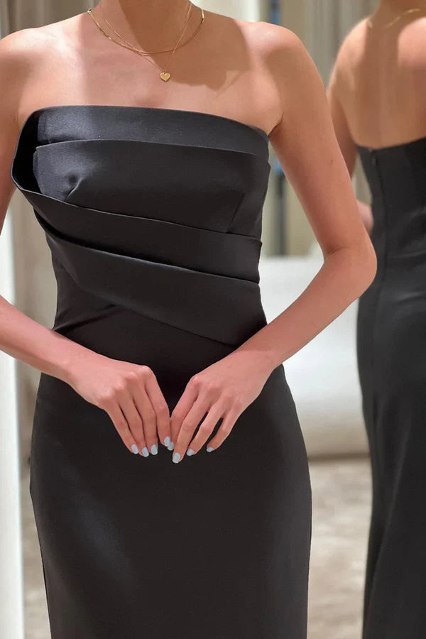 Luolandi Sheath/column strapless satin pleated long formal evening dress Off Shoulder Sexy