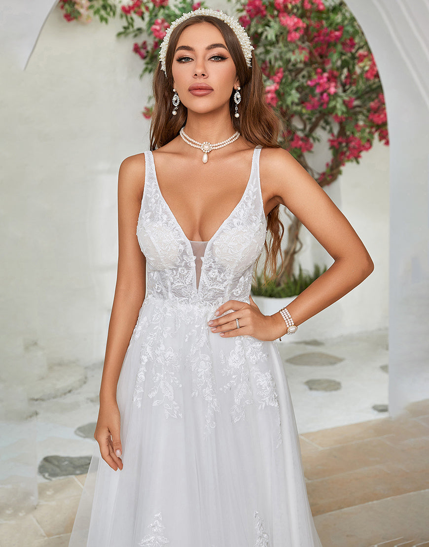 Luolandi Elegant V-Neck Sweep Train Wedding Dress with Lace Floor Length Sexy Bridal Gown