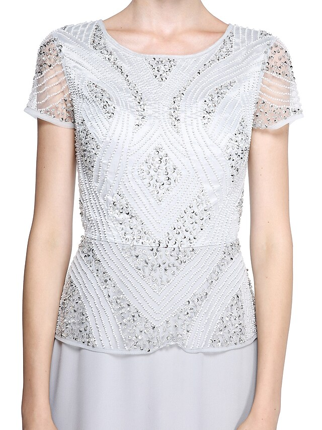 Luolandi Mother of the Bride Dress Jewel Neck Floor Length Chiffon Short Sleeve with Beading Sequin Silver