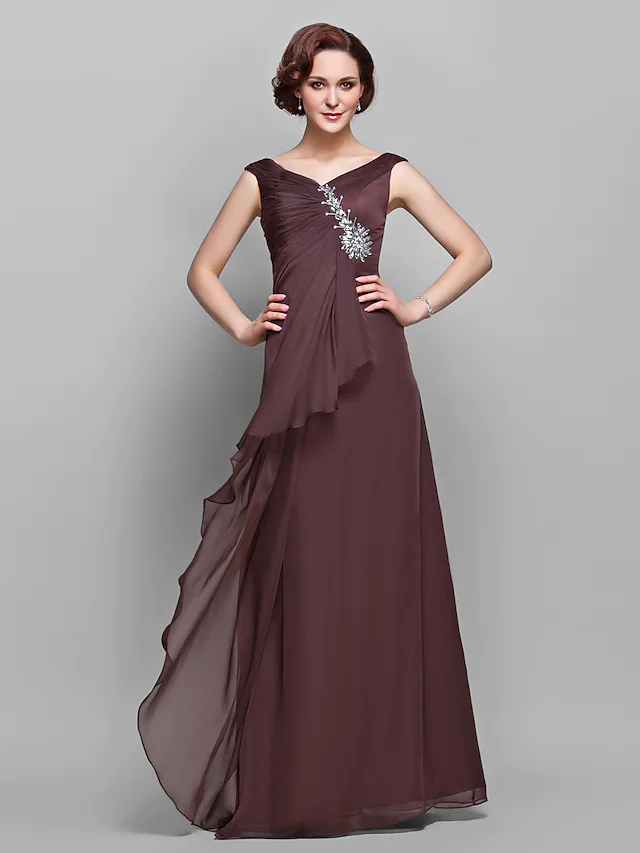 Luolandi A-Line Mother of the Bride Dress Vintage Inspired V Neck Floor Length Chiffon Sleeveless with Crystals Ruffles