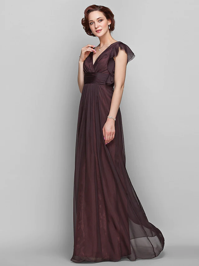 Luolandi Mother of the Bride Dress Beautiful Back V Neck Floor Length Chiffon Short Sleeve with Criss Cross Ruched Draping Pure Color
