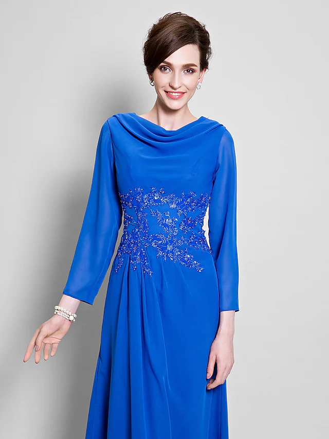 Luolandi Mother of the Bride Dress Vintage Inspired Cowl Neck Floor Length Chiffon Long Sleeve with Appliques Ocean Blue