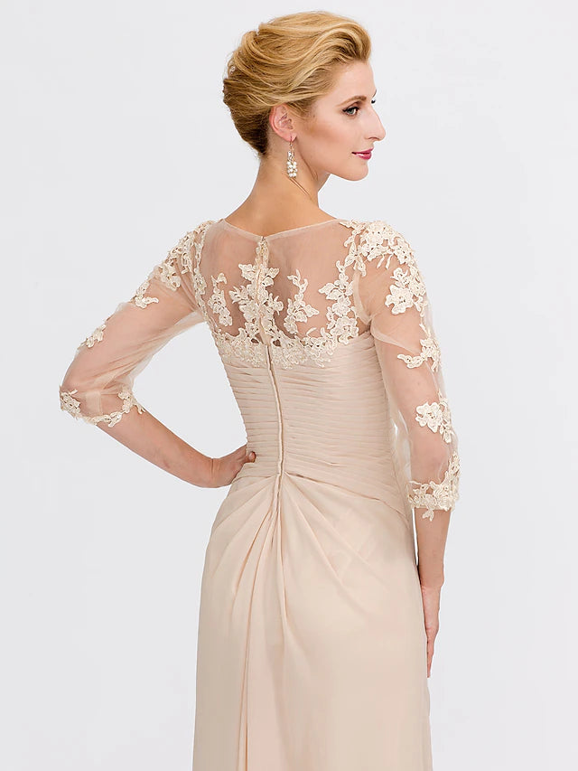 Luolandi A-Line Mother of the Bride Dress Plus Size Elegant See Through V Neck Floor Length Chiffon Half Sleeve with Appliques