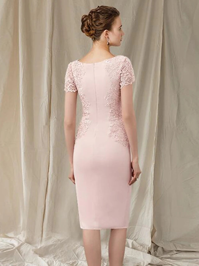 Luolandi Sheath / Column Mother of the Bride Dress Elegant Jewel Neck Knee Length Lace Fabric Short Sleeve
