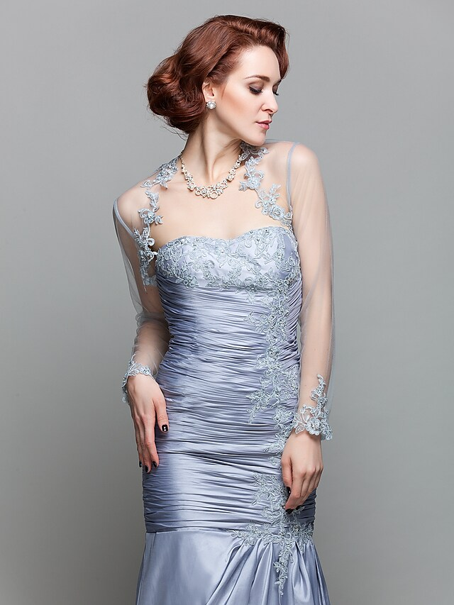 Luolandi Mother of the Bride Dress Wrap Included Strapless Floor Length Lace Taffeta Long Sleeve with Ruched Beading