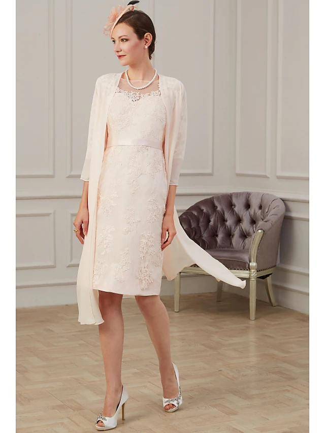 Luolandi Mother of the Bride Dress Elegant Neck Knee Length Chiffon Long Sleeve with Appliques Ruching Blushing Pink