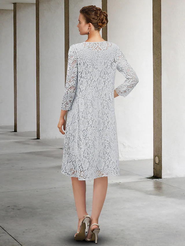 Luolandi Mother of the Bride Dress Elegant V Neck Knee Length Chiffon Lace Long Sleeve with Bow(s) Light gray