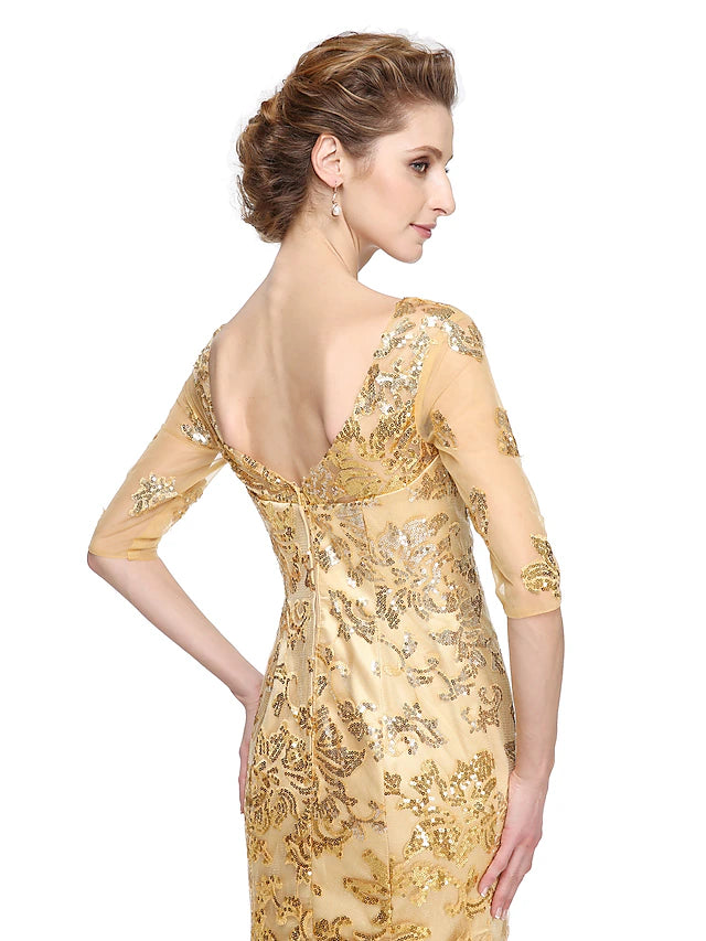 Luolandi Mermaid / Trumpet Mother of the Bride Dress Elegant Sparkle & Shine V Neck Floor Length Tulle Sequined Half Sleeve