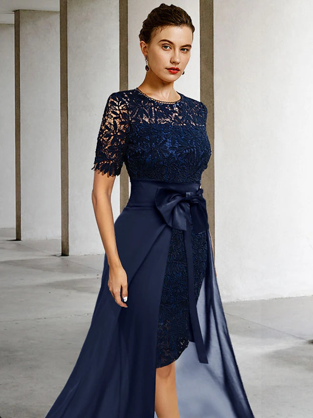 Luolandi Sheath / Column Mother of the Bride Dress Formal Wedding Guest Elegant Scoop Neck Knee Length Lace Short Sleeve