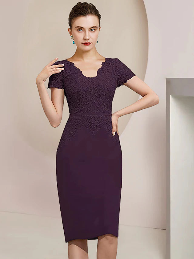Luolandi Two Piece Sheath / Column Mother of the Bride Dress Formal Wedding Guest Elegant V Neck Knee Length Chiffon Lace Short Sleeve Jacket Dresses