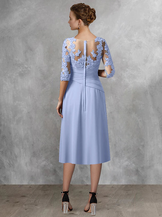 Luolandi Two Piece A-Line Mother of the Bride Dress Wedding Guest Elegant Square Neck Tea Length Chiffon Lace Half Sleeve Wrap Included with Appliques