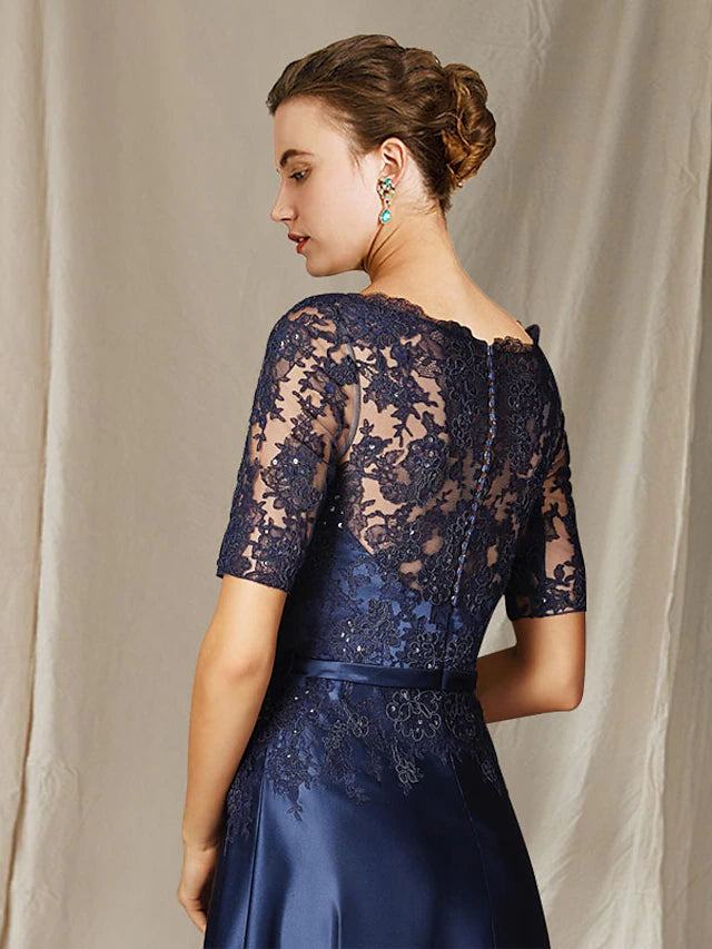 Luolandi A-Line Mother of the Bride Dress Plus Size Elegant Jewel Neck Floor Length Lace Charmeuse Short Sleeve with Bow(s)