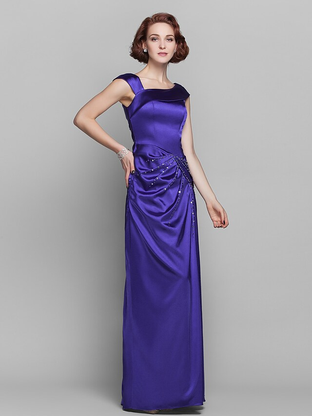 Luolandi Mother of the Bride Dress Elegant Off Shoulder Floor Length Satin Sleeveless with Beading