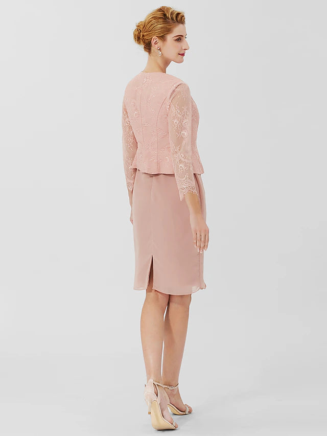 Luolandi Sheath / Column Mother of the Bride Dress Formal Classic & Timeless Elegant & Luxurious Convertible Dress Jewel Neck Knee Length Chiffon Sheer Lace 3/4 Length Sleeve with Sash