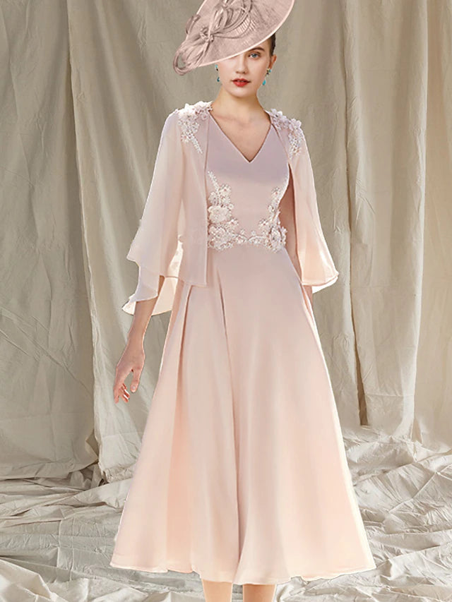 Luolandi Two Piece A-Line Mother of the Bride Dress Wedding Guest Church Elegant V Neck Tea Length Chiffon Sleeveless Wrap Included with Appliques Excluding hat