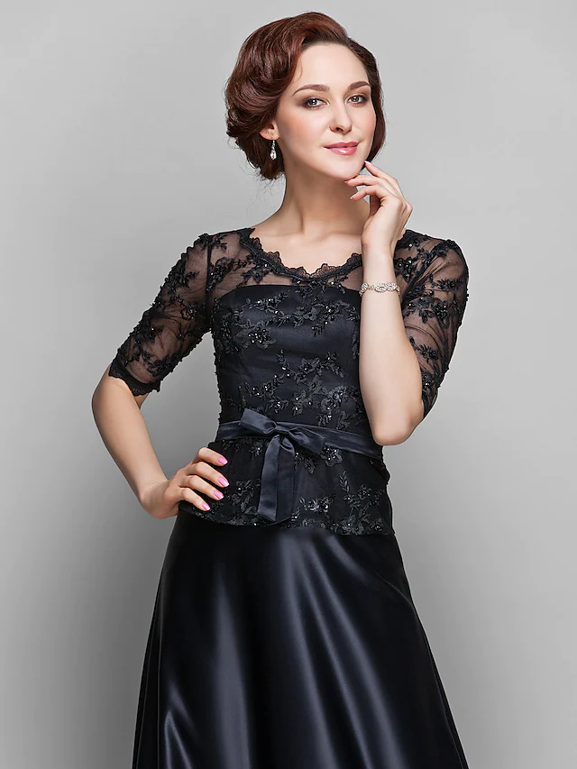 Luolandi A-Line Mother of the Bride Dress See Through V Neck Floor Length Lace Satin Half Sleeve with Lace Bow(s) Beading Black