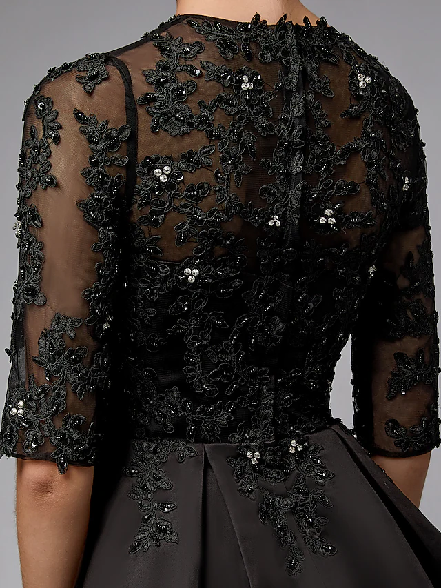 Luolandi Mother of the Bride Dress Sexy See Through Jewel Neck Lace Satin Half Sleeve with Beading Appliques Black