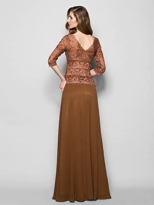 Luolandi A-Line Mother of the Bride Dress V Neck Floor Length Lace Georgette Length with Lace Beading Brown