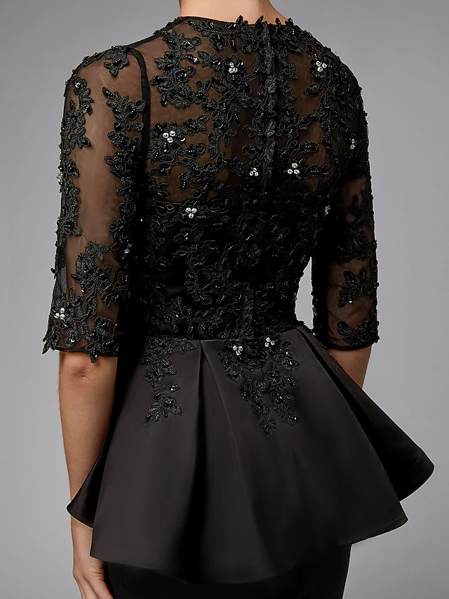 Luolandi Mother of the Bride Dress Sexy See Through Jewel Neck Lace Satin Half Sleeve with Beading Appliques Black