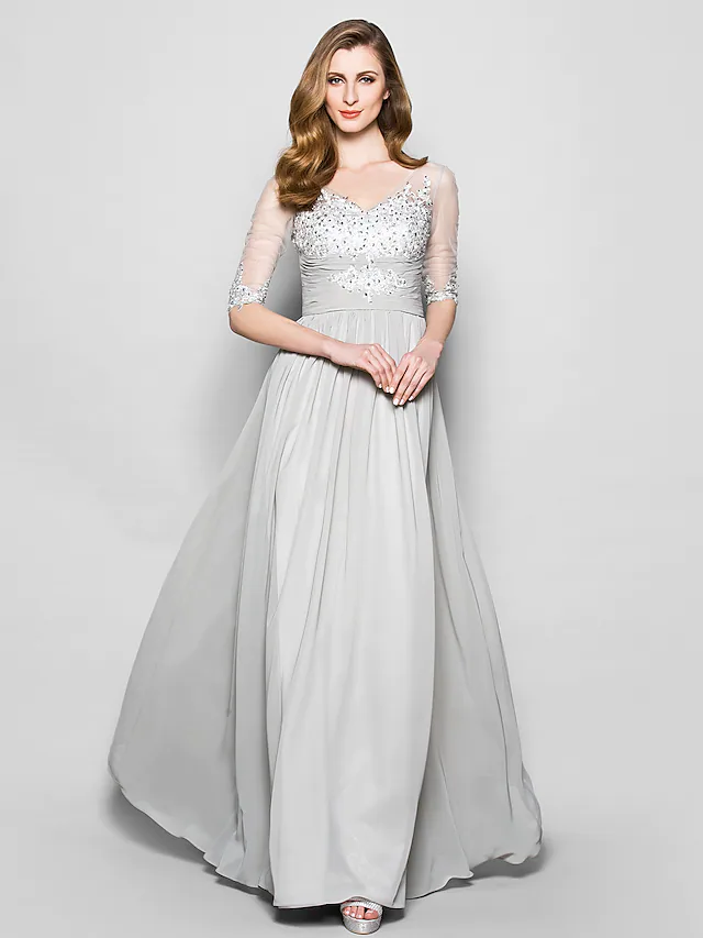 Luolandi A-Line Mother of the Bride Dress V Neck Floor Length Chiffon Tulle Half Sleeve with Ruched Beading Silver
