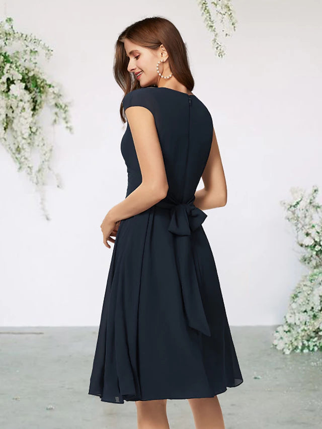 Luolandi A-Line Mother of the Bride Dress Elegant V Neck Knee Length Chiffon Cap Sleeve with Pleats Side-Draped