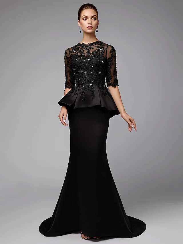 Luolandi Mother of the Bride Dress Sexy See Through Jewel Neck Lace Satin Half Sleeve with Beading Appliques Black