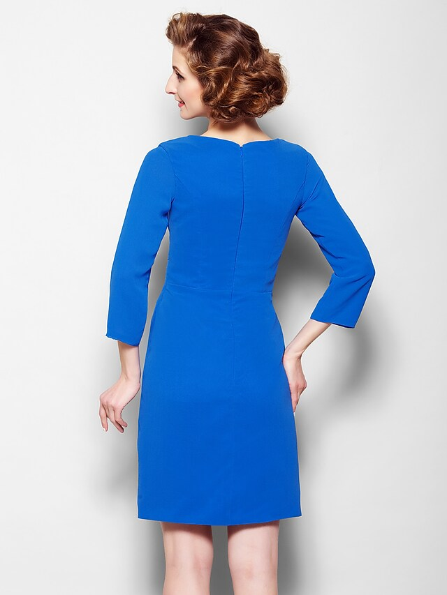 Luolandi Mother of the Bride Dress Scoop Neck Knee Length Chiffon 3/4 Length Sleeve with Criss Cross Ocean Blue