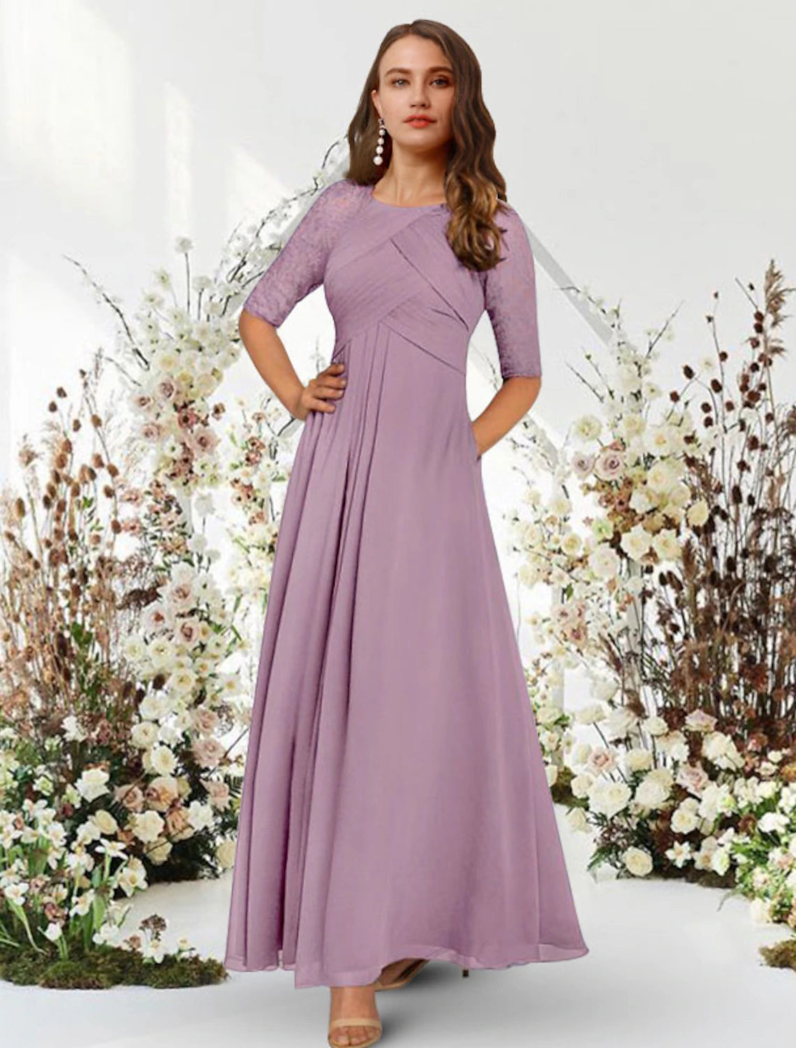 Luolandi A-Line Evening Gown Elegant Dress Wedding Guest Formal Evening Floor Length Half Sleeve Jewel Neck Chiffon